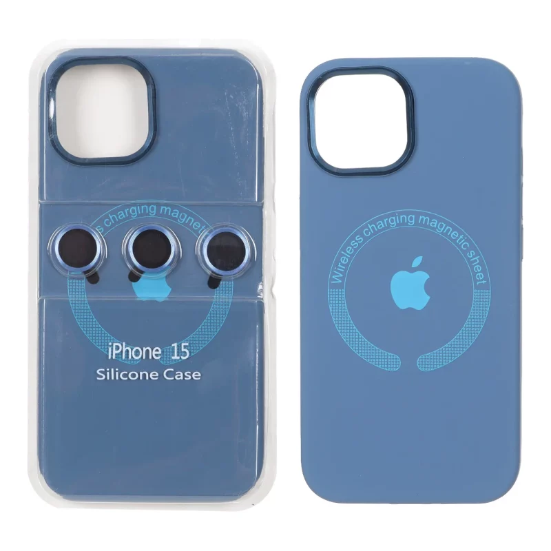 قاب سیلیکونی اورجینال Magsafe با ست محافظ لنز رینگی Apple iPhone 15 / iPhone 14 / iPhone 13 - آبی تیره (پک دار) - تصویر 2