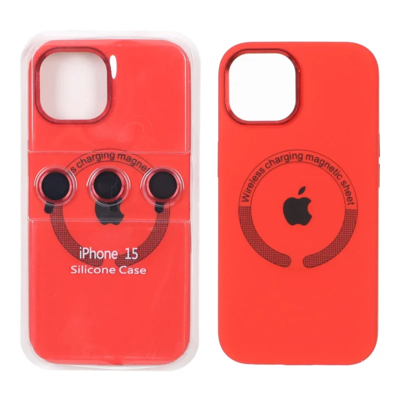 قاب سیلیکونی اورجینال Magsafe با ست محافظ لنز رینگی Apple iPhone 15 / iPhone 14 / iPhone 13 - قرمز (پک دار) - تصویر 2