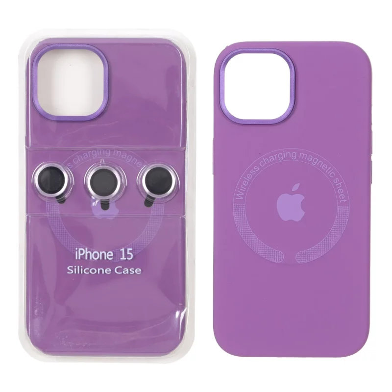 قاب سیلیکونی اورجینال Magsafe با ست محافظ لنز رینگی Apple iPhone 15 / iPhone 14 / iPhone 13 - بنفش (پک دار) - تصویر 2