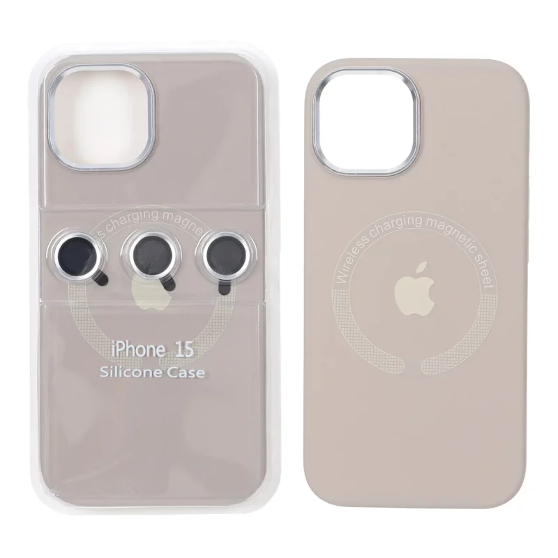قاب سیلیکونی اورجینال Magsafe با ست محافظ لنز رینگی Apple iPhone 15 / iPhone 14 / iPhone 13 - خاکی (پک دار) - تصویر 2