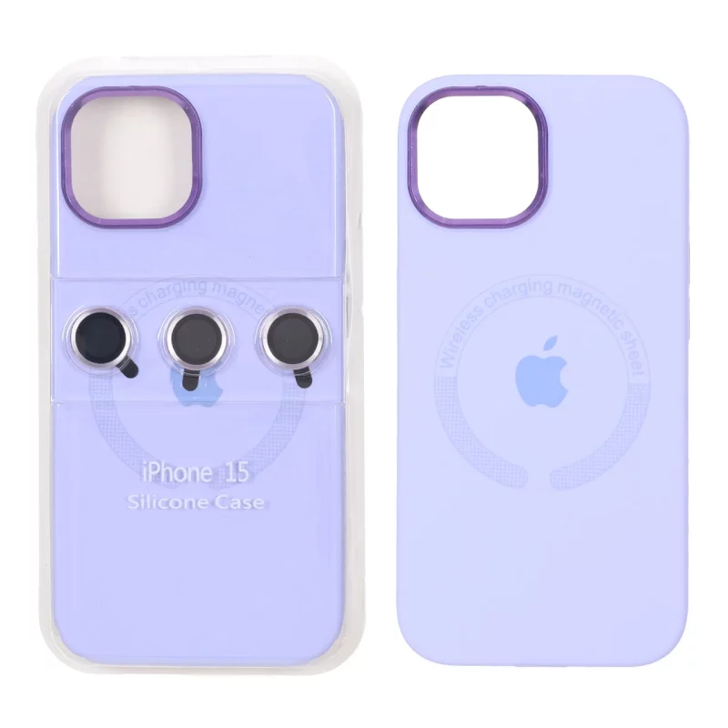 قاب سیلیکونی اورجینال Magsafe با ست محافظ لنز رینگی Apple iPhone 15 / iPhone 14 / iPhone 13 - یاسی (پک دار) - تصویر 2