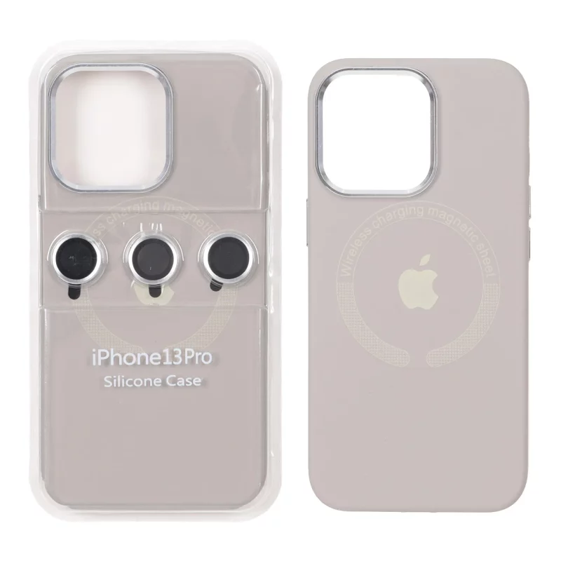 قاب سیلیکونی اورجینال Magsafe با ست محافظ لنز رینگی Apple iPhone 13 Pro - خاکی (پک دار) - تصویر 2