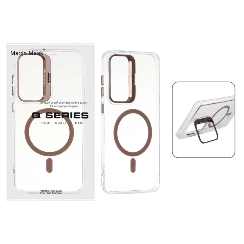 قاب اورجینال Q Series Bracket کریستالی Magsafe لنز استندشو Samsung Galaxy S24 FE - قهوه ای (پک دار) - تصویر 2