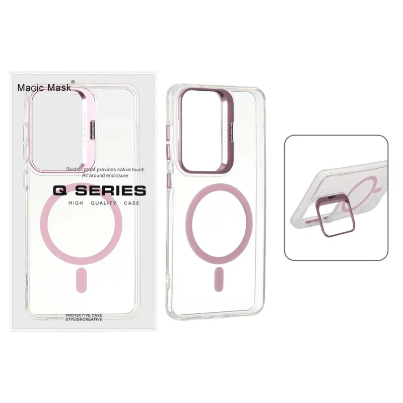 قاب اورجینال Q Series Bracket کریستالی Magsafe لنز استندشو Samsung Galaxy S21 FE - صورتی (پک دار) - تصویر 2