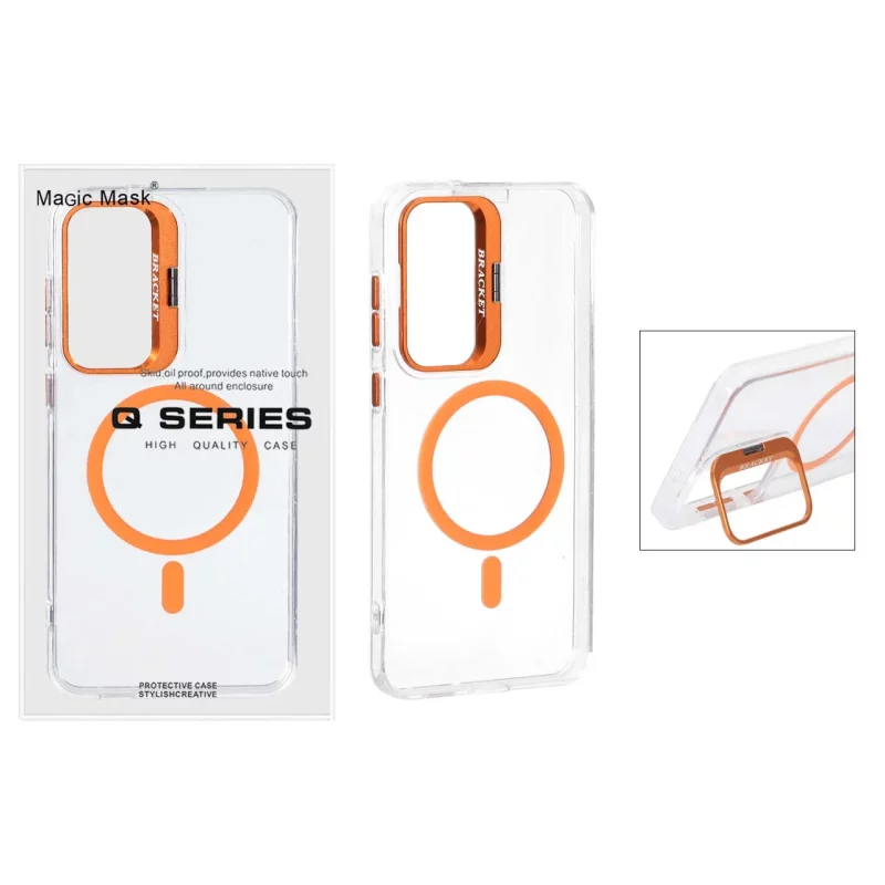 قاب اورجینال Q Series Bracket کریستالی Magsafe لنز استندشو Samsung Galaxy S25 FE - نارنجی (پک دار ) - تصویر 2