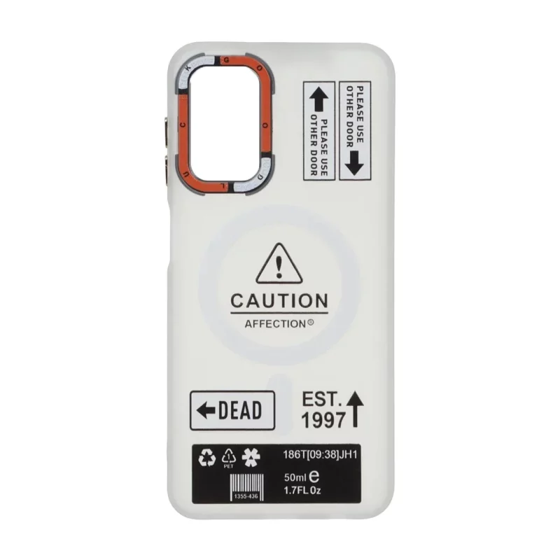 قاب Caution مات طرح مگ سیف دکمه متال Samsung Galaxy A13 4G / A13 5G / A04s / M13 4G / M23 / F13 - سفید - تصویر 2