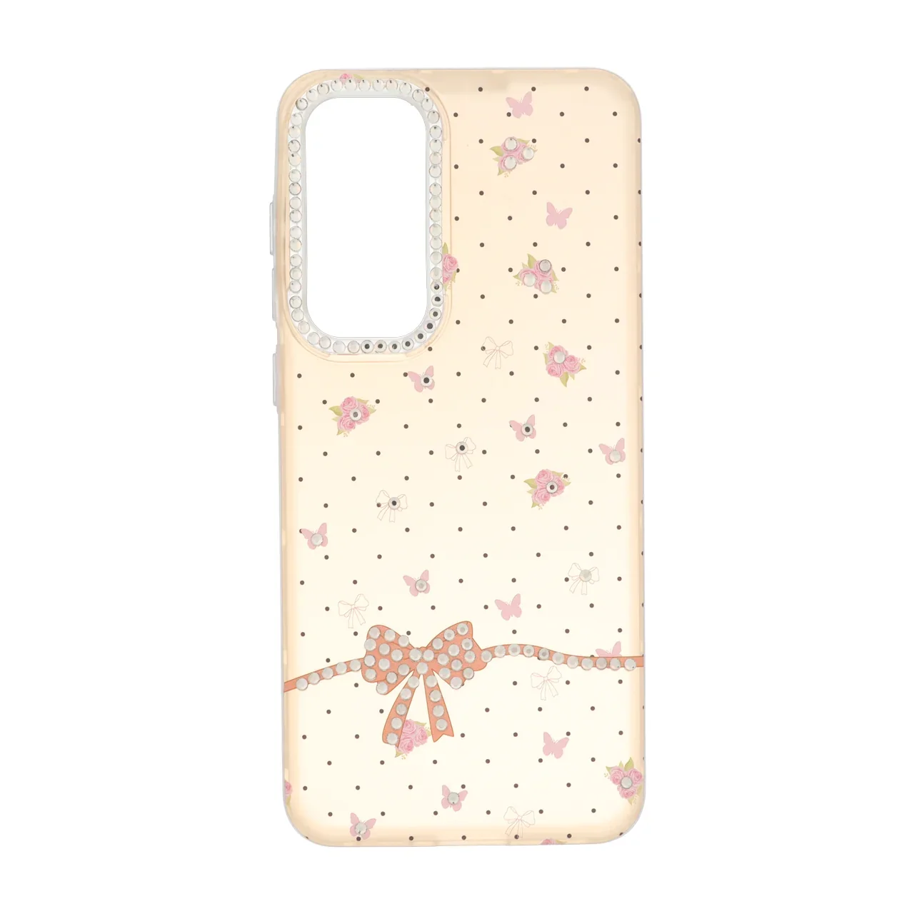 19178-1738704-1 قاب مات پاپیونی نگینی طرح دار Samsung Galaxy S25 FE - کرم نارنجی - تصویر 1