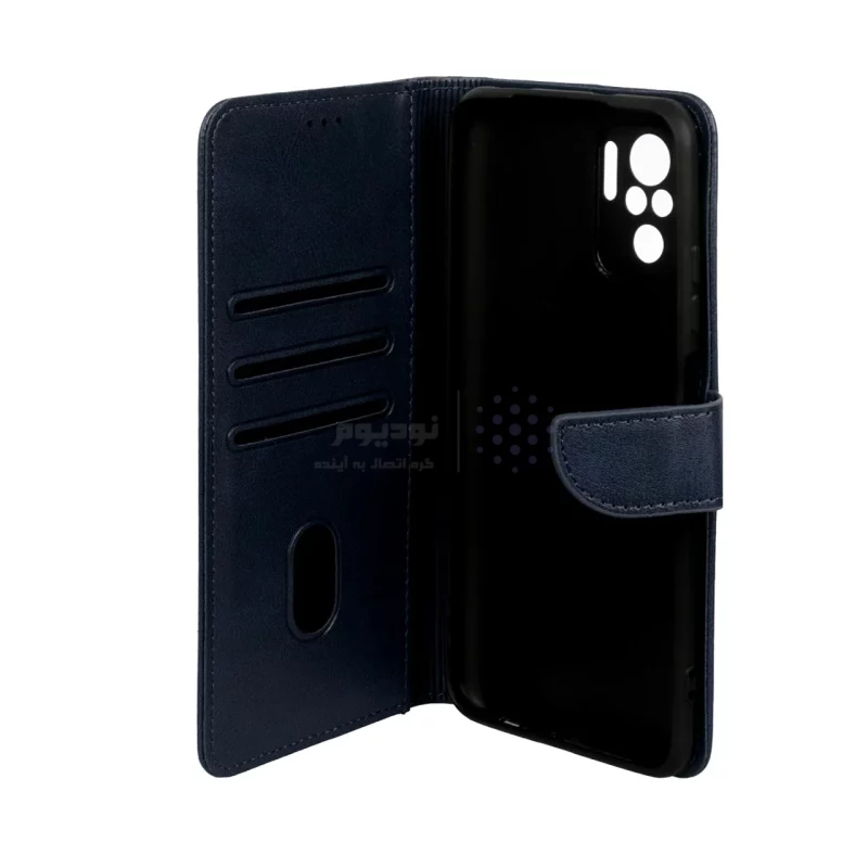 کیف چرمی موبایل مگنتی محافظ لنزدار Xiaomi Redmi Note 10 4G / Redmi Note 10S / Poco M5S - سرمه ای - تصویر 3