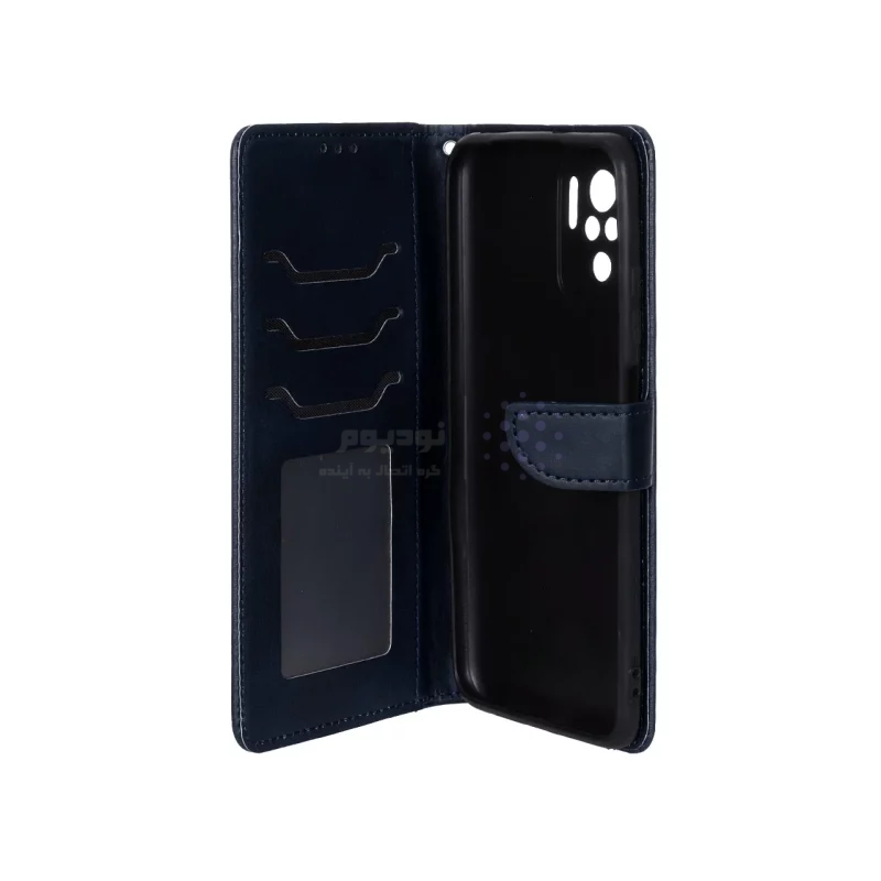 کیف چرمی موبایل مگنتی محافظ لنزدار Xiaomi Redmi Note 10 4G / Redmi Note 10S / Poco M5S - سرمه ای - تصویر 3