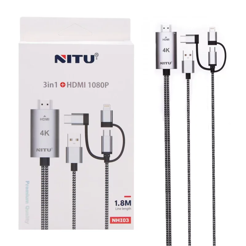 کابل اتصال 3IN1 بهNITU HDMI مدل NHI03 - مشکی سفید (گارانتی 18 ماه تعویض نیکان همراه) - تصویر 2