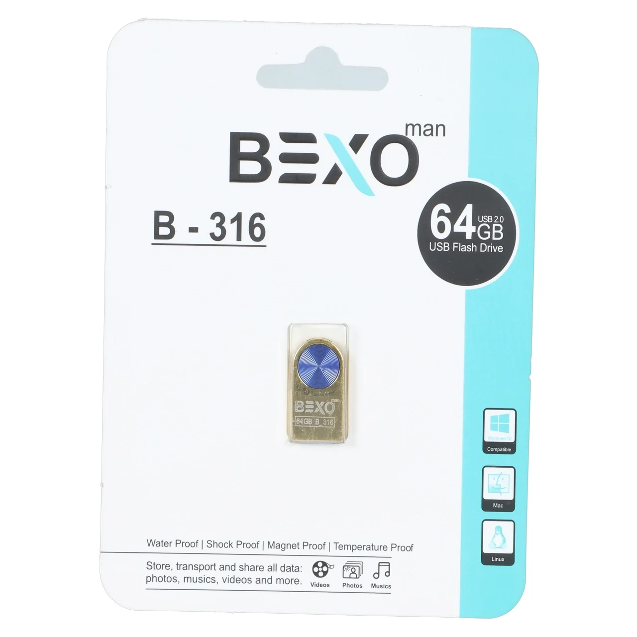 1398-4582048-1 BEXO B-316 USB2.0 Flash Memory - 64GB (گارانتی داده پردازی آواتک) آبی طلایی - تصویر 1