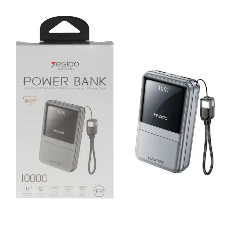 پاوربانک PD و فست شارژ Yesido 10000mAh مدل YP95 22.5W - خاکستری (گارانتی 18 ماه تعویض نیکان همراه) - تصویر 2