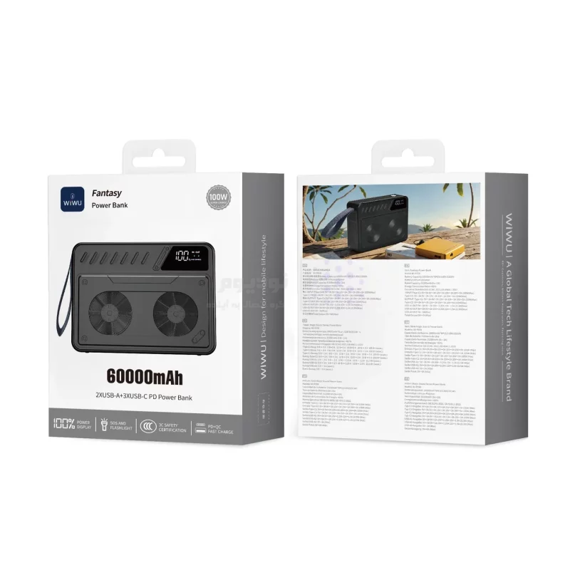 پاوربانک PD و فست شارژ Wiwu 60000Ah مدل Fantasy Wi-P058 100W - مشکی (گارانتی شش ماهه شرکتی) - تصویر 5