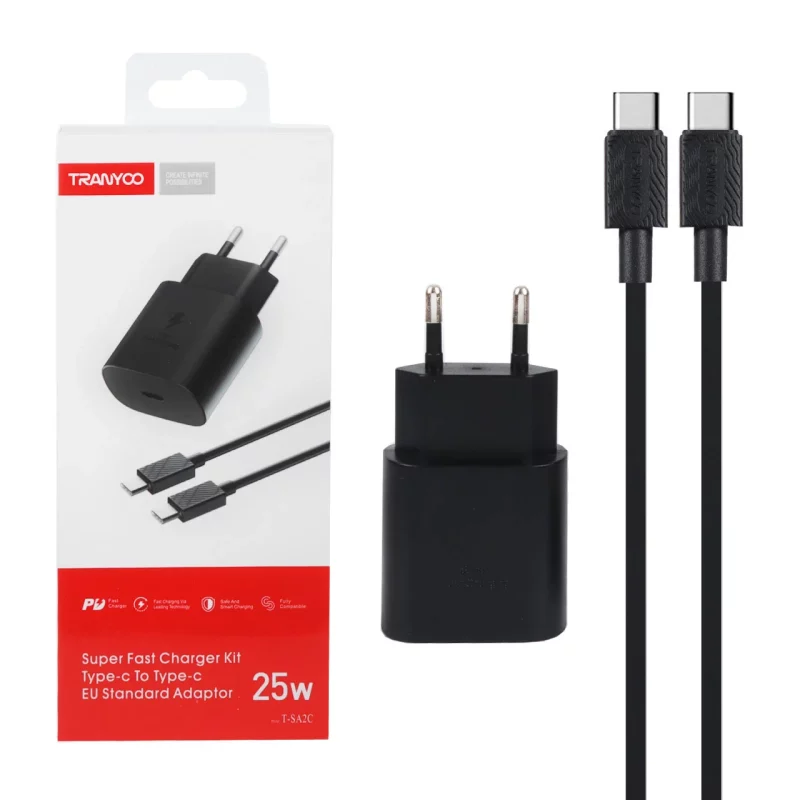 شارژر دیواری 25W فست و PD تک پورت Tranyoo مدل T-SA2C به همراه کابل شارژ Type-C To Type-C - مشکی - تصویر 2