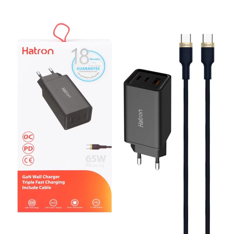 شارژر دیواری 65W فست و PD سه پورت Hatron مدل HWC3651PQ به همراه کابل شارژ Type-C to Type-C - مشکی  - تصویر 2