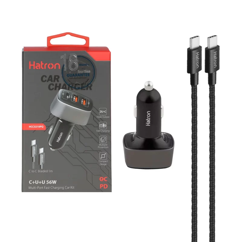 شارژر فندکی 56W فست و PD سه پورت Hatron مدل HCC3210PQ به همراه کابل شارژ Type-C to Type-C - مشکی  - تصویر 2