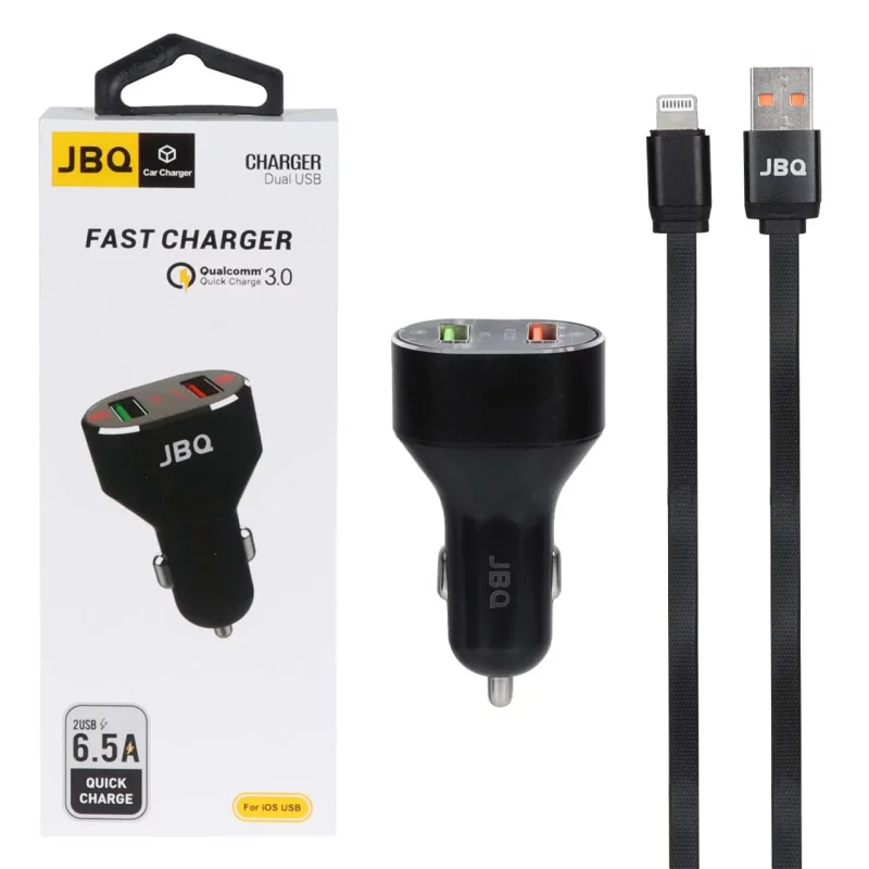 شارژر فندکی فست دو پورت JBQ مدل C-65 33W همراه با کابل آیفون - مشکی (گارانتی یکساله رصاصی) - تصویر 2