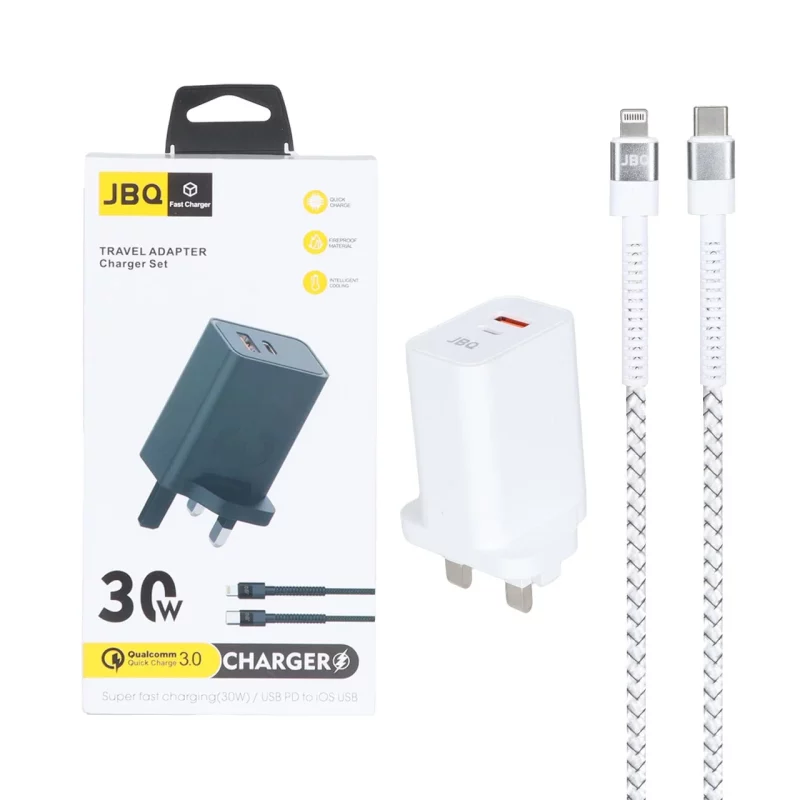شارژر دیواری فست دو پورت JBQ مدل HC-30w 30W همراه با کابل Type-C To Lightning - سفید (گارانتی یکساله رصاصی) - تصویر 2