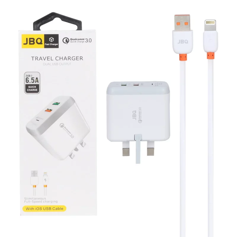 شارژر دیواری فست دو پورت JBQ مدل F-2USB 18W همراه با کابل آیفون - سفید (گارانتی یکساله رصاصی) - تصویر 2