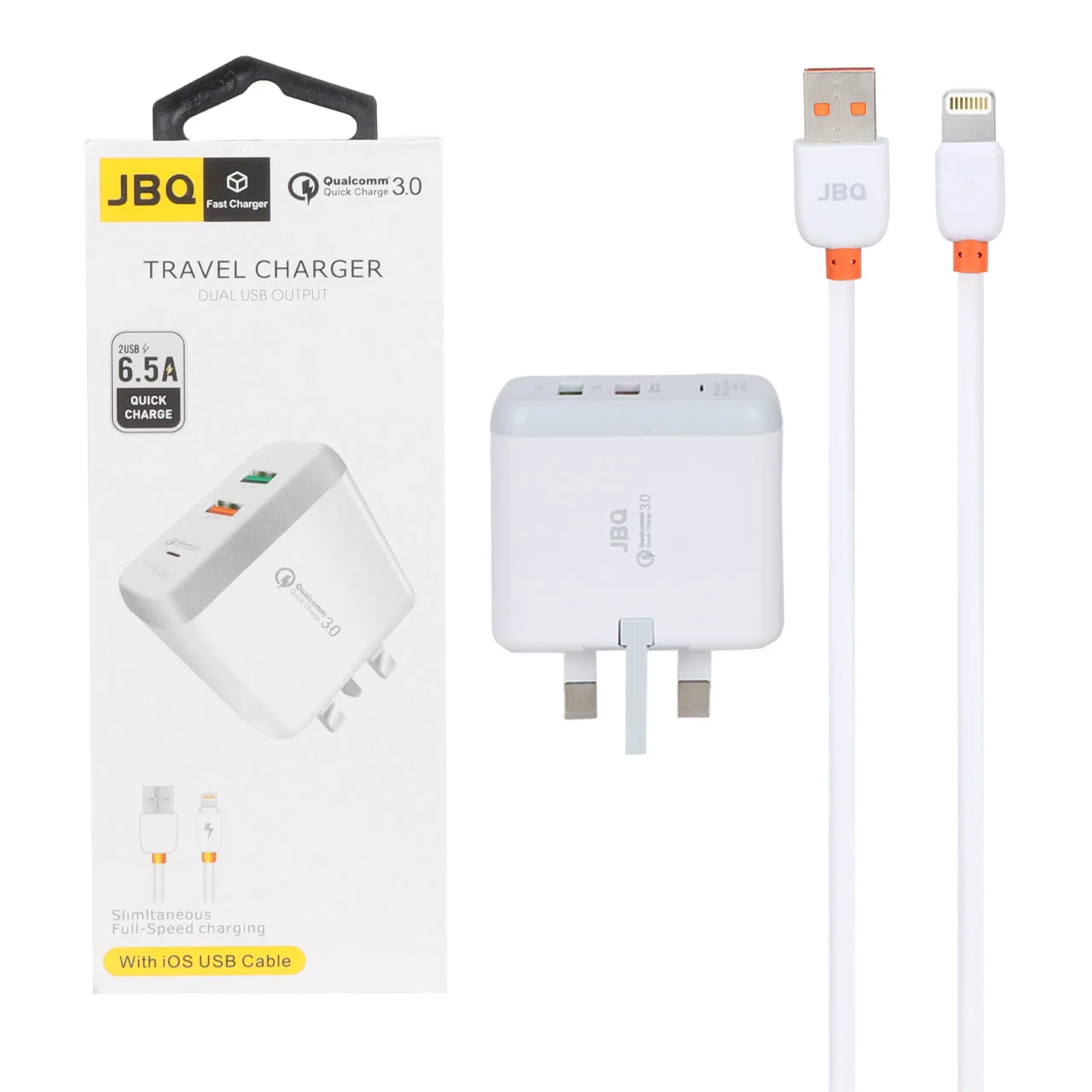 1585-1040714-1 شارژر دیواری فست دو پورت JBQ مدل F-2USB 18W همراه با کابل آیفون - سفید (گارانتی یکساله رصاصی) - تصویر 1