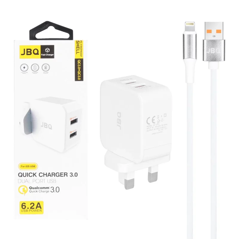 شارژر دیواری فست دو پورت JBQ مدل HC-12F2 30W همراه با کابل آیفون - سفید (گارانتی یکساله رصاصی) - تصویر 2