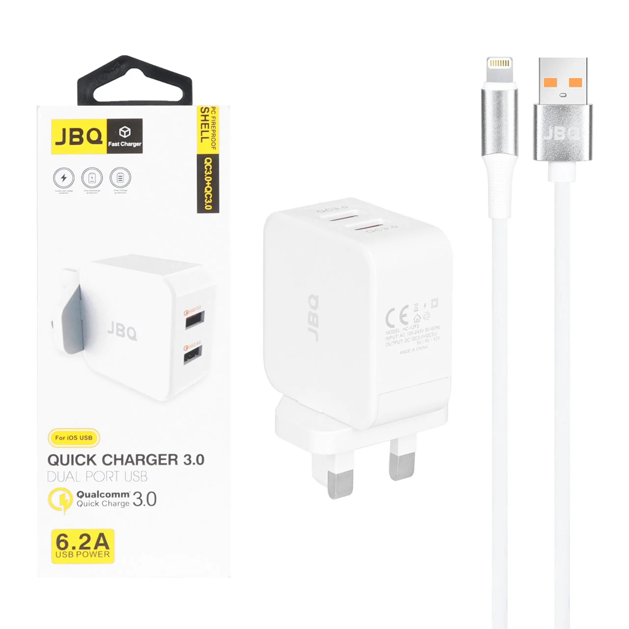 1585-1040726-1 شارژر دیواری فست دو پورت JBQ مدل HC-12F2 30W همراه با کابل آیفون - سفید (گارانتی یکساله رصاصی) - تصویر 1