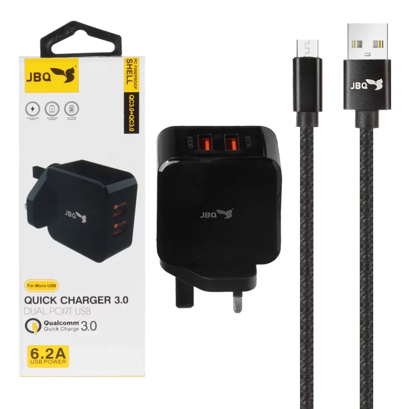 شارژر دیواری فست دو پورت JBQ مدل HC-12F2 30W همراه با کابل اندروید - مشکی (گارانتی یکساله رصاصی) - تصویر 2