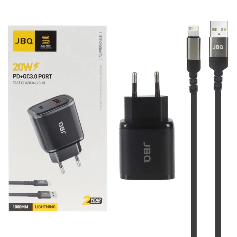 شارژر دیواری فست و PD دو پورت JBQ مدل HC-NP20 20W همراه با کابل آیفون - مشکی (گارانتی یکساله رصاصی) - تصویر 2