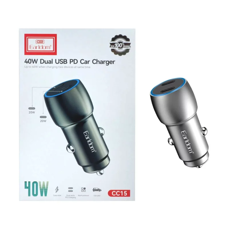شارژر فندکی 40W فست و PD دو پورت Earldom مدل ES-CC15 - خاکستری - تصویر 2