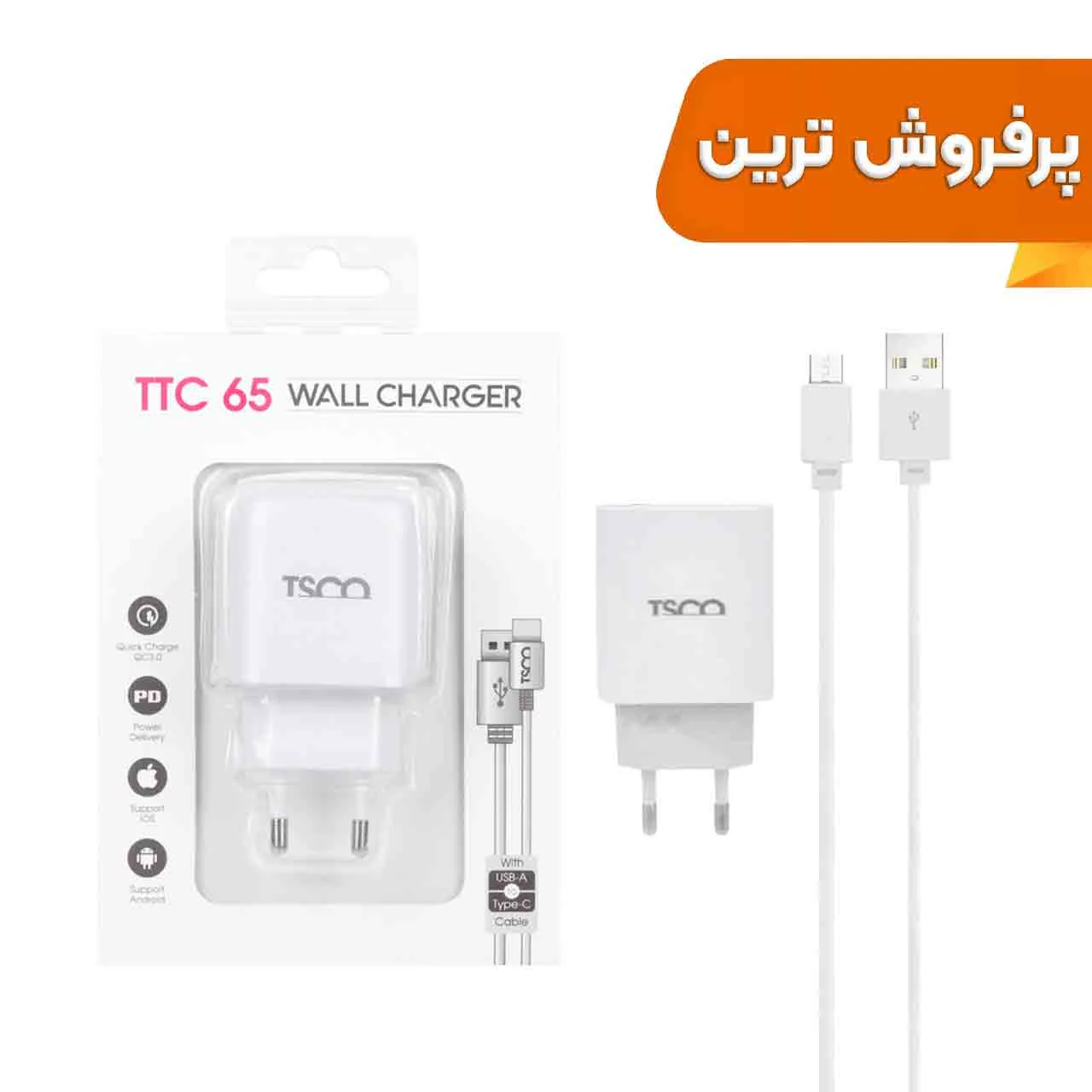 1585-1101396-1 شارژر دیواری PD و فست دو پورت 20 وات TSCO مدل TTC 65 همراه با کابل شارژ TYPE-C - سفید - تصویر 1