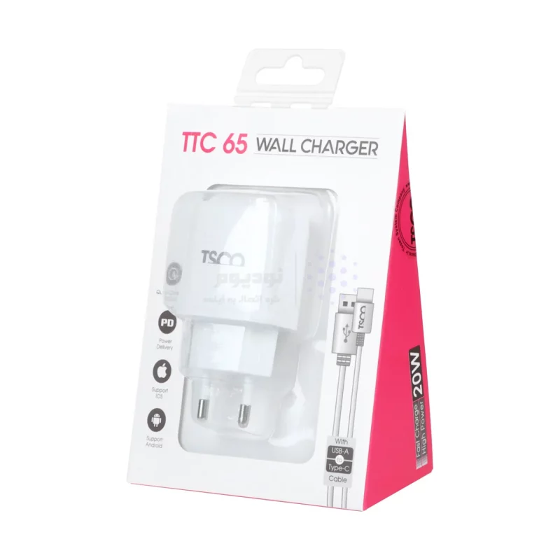 شارژر دیواری PD و فست دو پورت 20 وات TSCO مدل TTC 65 همراه با کابل شارژ TYPE-C - سفید - تصویر 6