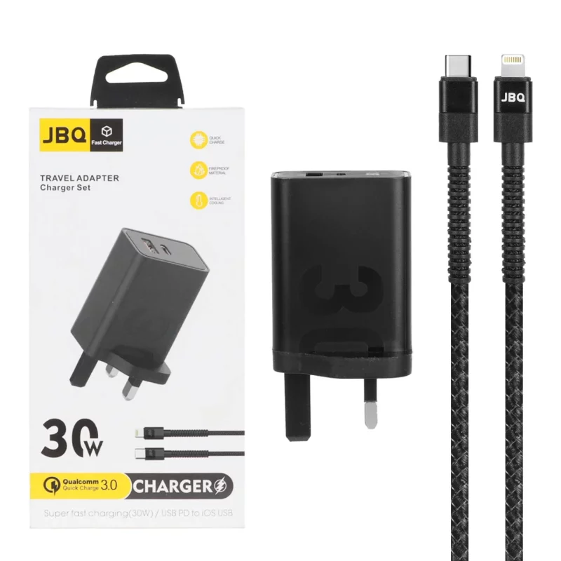 شارژر دیواری فست دو پورت JBQ مدل HC-30w 30W همراه با کابل Type-C To Lightning - مشکی - تصویر 2