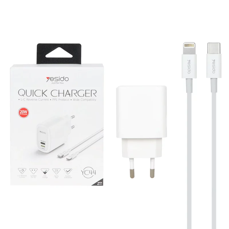 شارژر دیواری فست و PD دو پورت Yesido مدل YC44 20W به همراه کابل شارژ Type-C To Lightning - سفید (گارانتی 18 ماه تعویض نیکان همراه) - تصویر 2