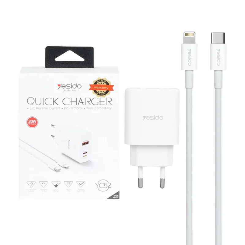 شارژر دیواری فست و PD سه پورت Yesido مدل YC52 30W به همراه کابل شارژ Type-C To Lightning - سفید (گارانتی 18 ماه تعویض نیکان همراه) - تصویر 2
