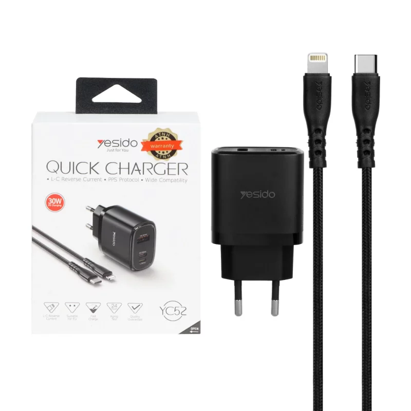 شارژر دیواری فست و PD سه پورت Yesido مدل YC52 30W به همراه کابل شارژ Type-C To Lightning - مشکی (گارانتی 18 ماه تعویض نیکان همراه) - تصویر 2