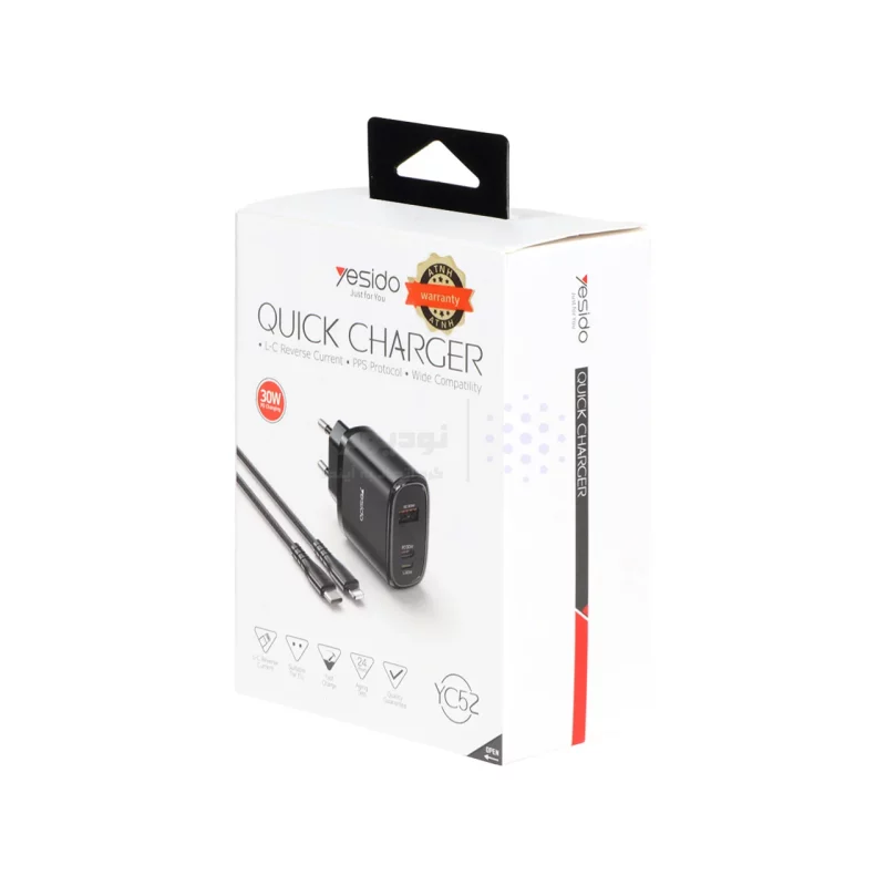 شارژر دیواری فست و PD سه پورت Yesido مدل YC52 30W به همراه کابل شارژ Type-C To Lightning - مشکی (گارانتی 18 ماه تعویض نیکان همراه) - تصویر 4