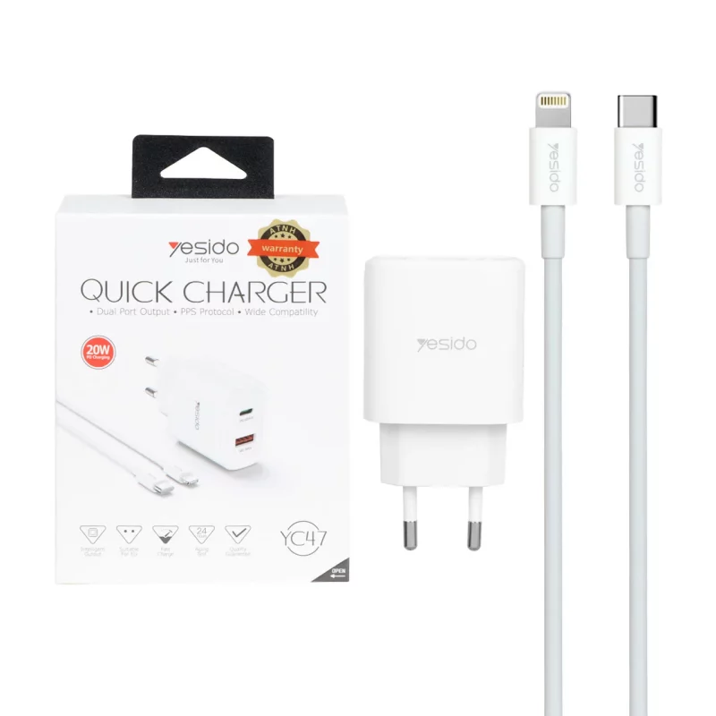 شارژر دیواری فست و PD دو پورت Yesido مدل YC47 20W به همراه کابل شارژ Type-C To Lightning - سفید (گارانتی 18 ماه تعویض نیکان همراه) - تصویر 2