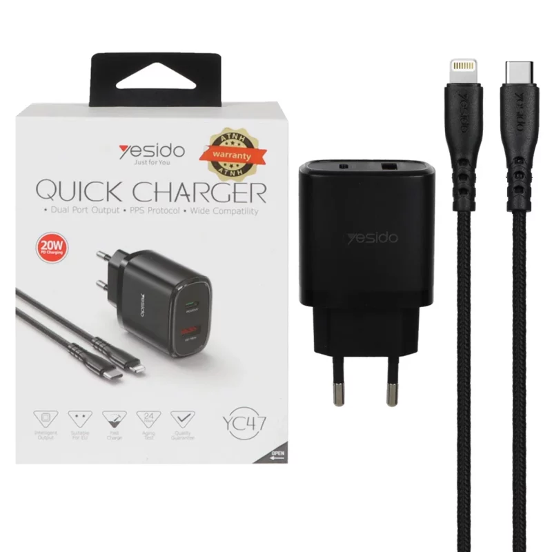 شارژر دیواری فست و PD دو پورت Yesido مدل YC47 20W به همراه کابل شارژ Type-C To Lightning - مشکی (گارانتی 18 ماه تعویض نیکان همراه) - تصویر 2