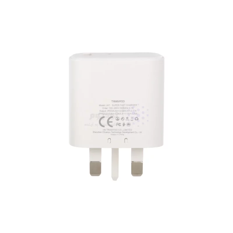 شارژر دیواری سه پین فست و PD دو پورت Tranyoo مدل T-UK1 25W به همراه کابل شارژ Type-C To Type-C - سفید - تصویر 3