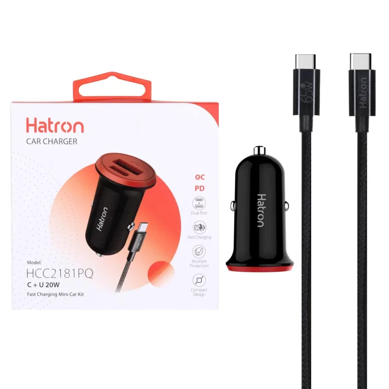 شارژر فندکی فست و PD دو پورت Hatron مدل HCC2181PQ 20W به همراه کابل شارژ Type-C - مشکی - تصویر 2