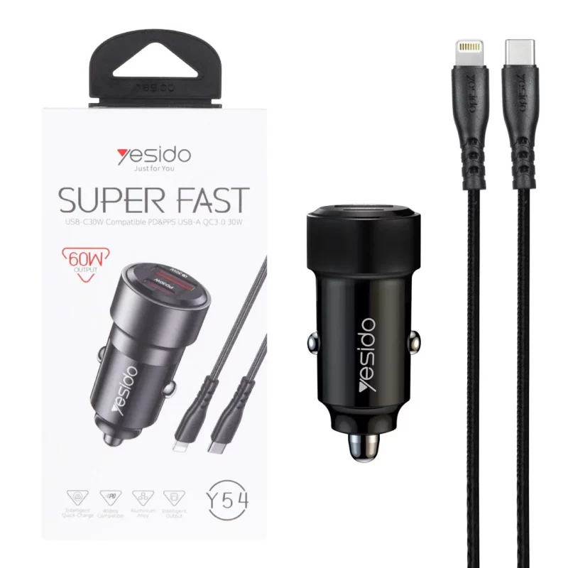 شارژر فندکی PD و فست دو پورت Yesido مدل Y54 60W به همراه کابل شارژ Type-C To Lightning - مشکی (گارانتی 18 ماه تعویض نیکان همراه) - تصویر 2