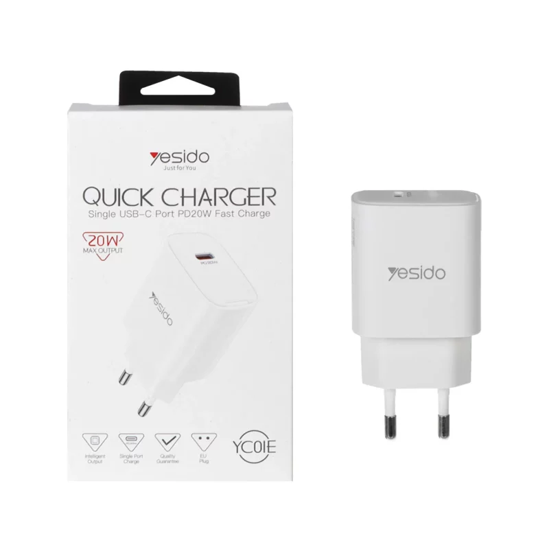 شارژر دیواری PD و فست تک پورت Yesido مدل YC01E 20W - سفید (گارانتی 18 ماه تعویض نیکان همراه) - تصویر 2