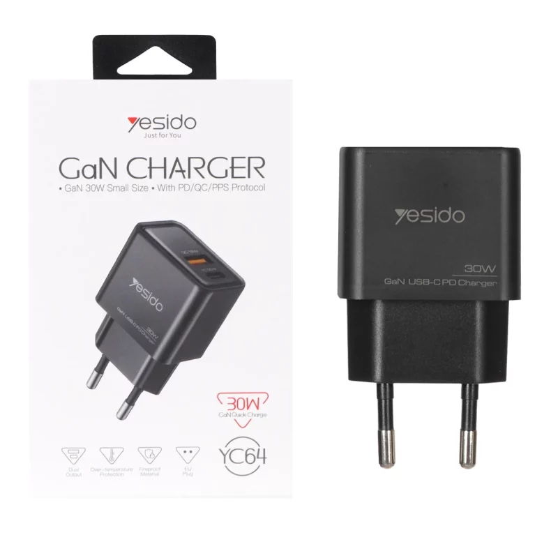 شارژر دیواری PD و فست دو پورت Yesido مدل YC64 30W - مشکی (گارانتی 18 ماه تعویض نیکان همراه) مجهز به فناوری GAN - تصویر 2