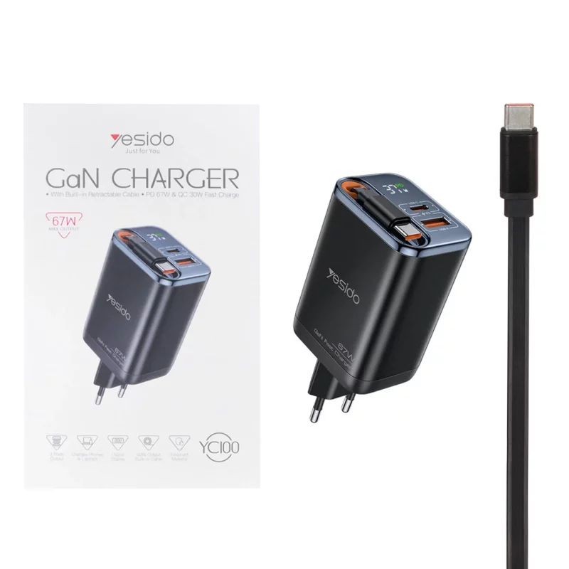 شارژر دیواری PD و فست سه پورت Yesido مدل YC100 67W - مشکی (گارانتی 18 ماه تعویض نیکان همراه) - تصویر 2