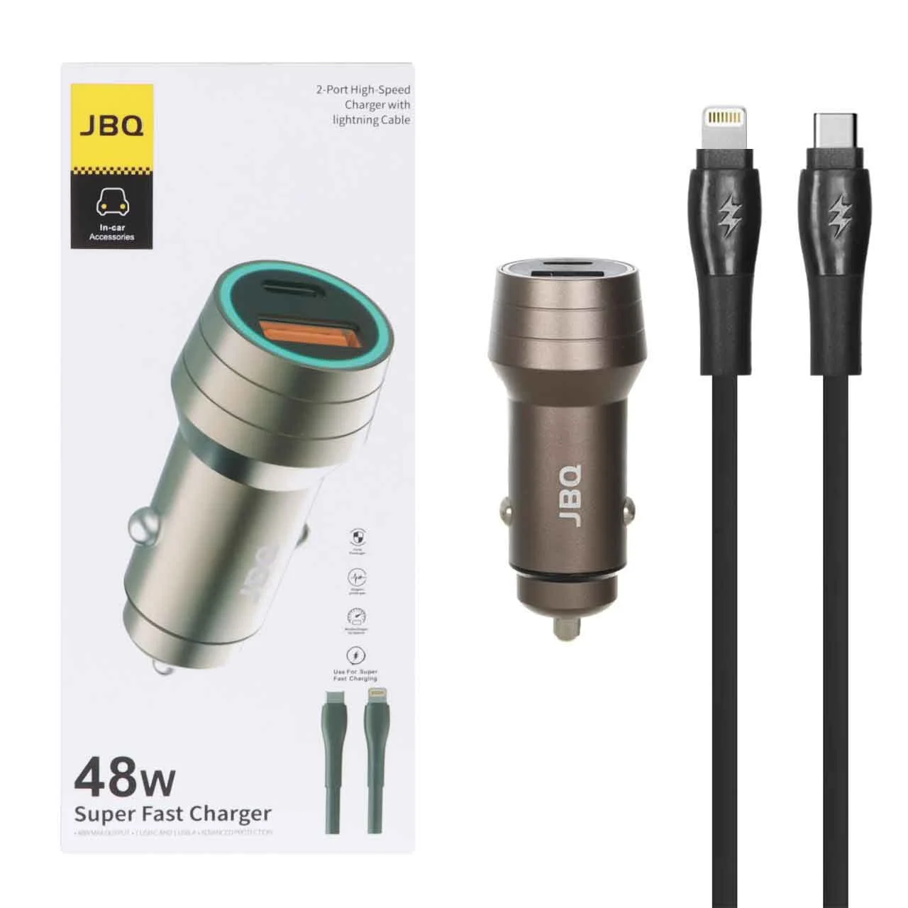 1585-1573102-1 شارژر فندکی فست و PD دو پورت JBQ مدل CC-420Ci 48W همراه با کابل Type-C to Lightning - خاکستری (گارانتی یکساله رصاصی) - تصویر 1