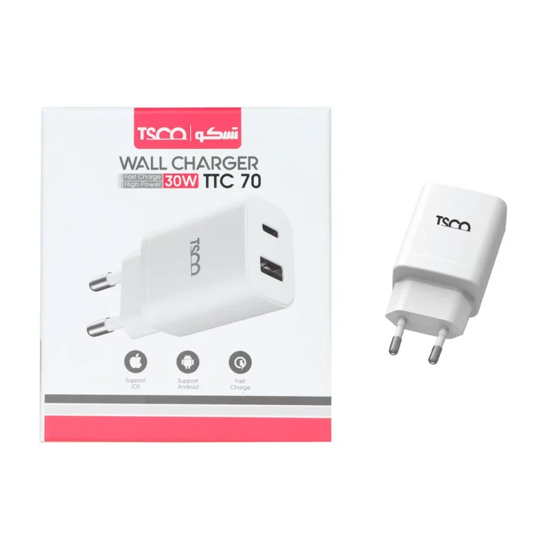 شارژر دیواری PDو فست دو پورت 30 وات TSCO مدل TTC 70 - سفید - تصویر 2