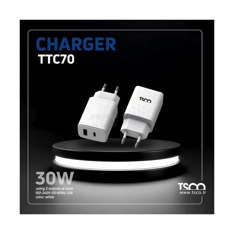 شارژر دیواری PDو فست دو پورت 30 وات TSCO مدل TTC 70 - سفید - تصویر 4