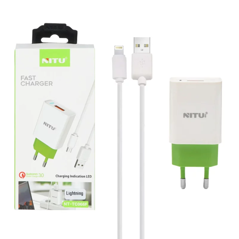 شارژر دیواری فست تک پورت NITU مدل NT-TC066F به همراه کابل شارژ آیفون - سفید سبز (گارانتی 18 ماه تعویض نیکان همراه) - تصویر 2