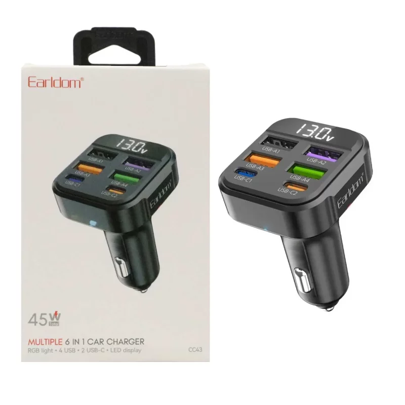 شارژر فندکی فست شش پورت Earldom مدل CC43 45W - مشکی - تصویر 2