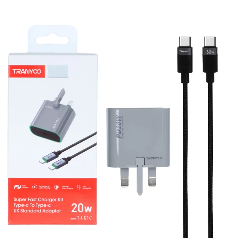 شارژر دیواری سه پین PD و فست تک پورت Tranyoo مدل T-UK7 C 20W به همراه کابل شارژ Type-C To Type-C - طوسی - تصویر 2